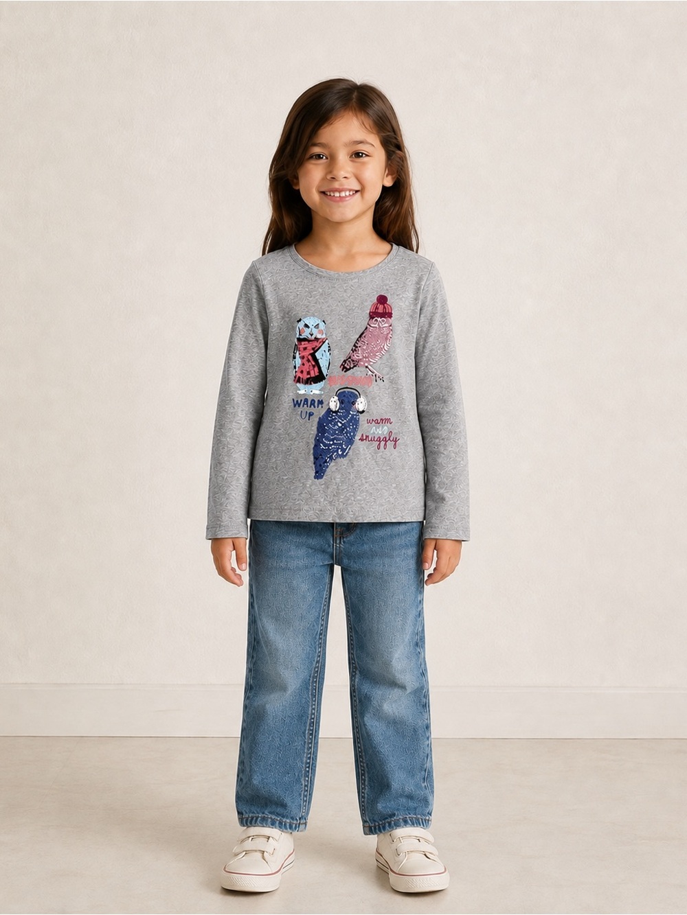 GapKids T-Shirt Cotton Blend Owl Graphic Size S 6-7 Years Grey Long Sleeve Tee